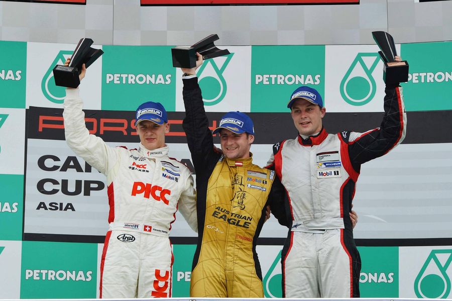 Earl Bamber on the Porsche Carrera Cup Asia podium